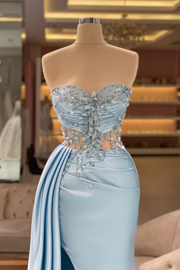Exquisite Skyblue Strapless Floor Length Prom Party Dress with Front-Slit