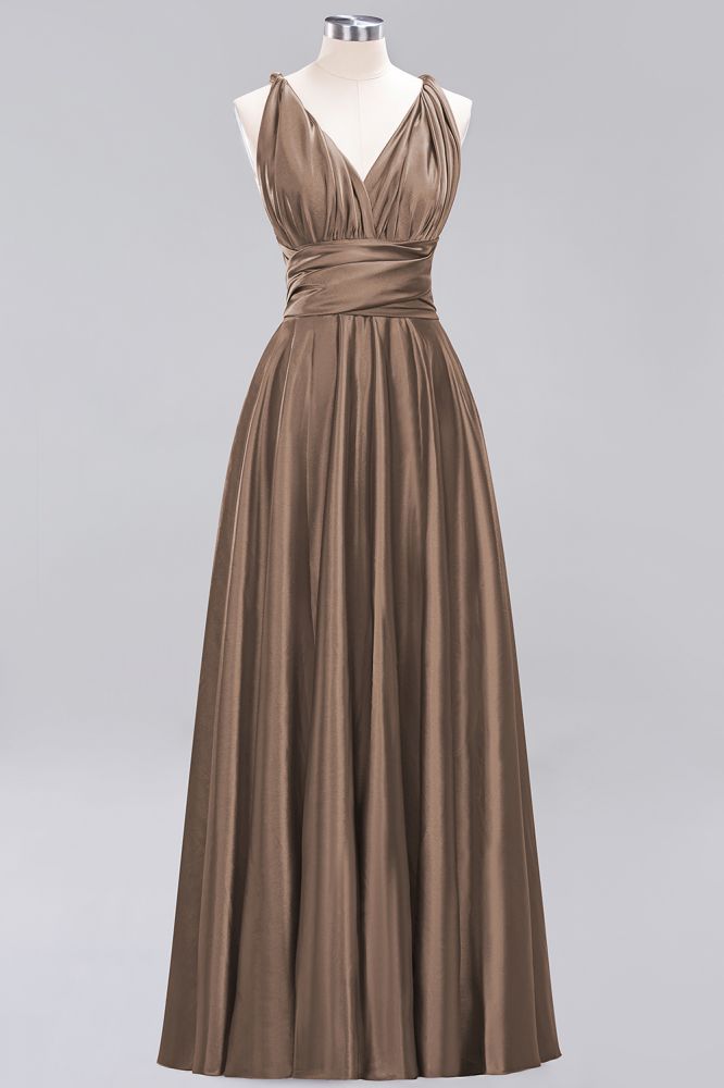 Simple A-Line V-Neck Sleeveless Floor Length Convertible Bridesmaid Dress with Ruffles