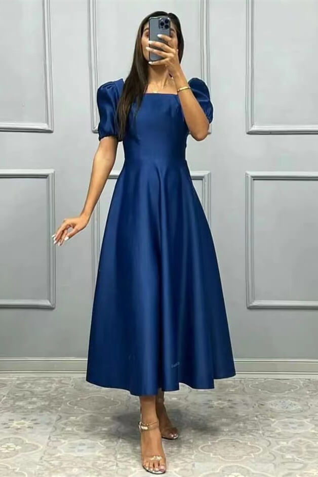 Square neck Half Sleeves Ankle Length Burgundy Prom Dresses
