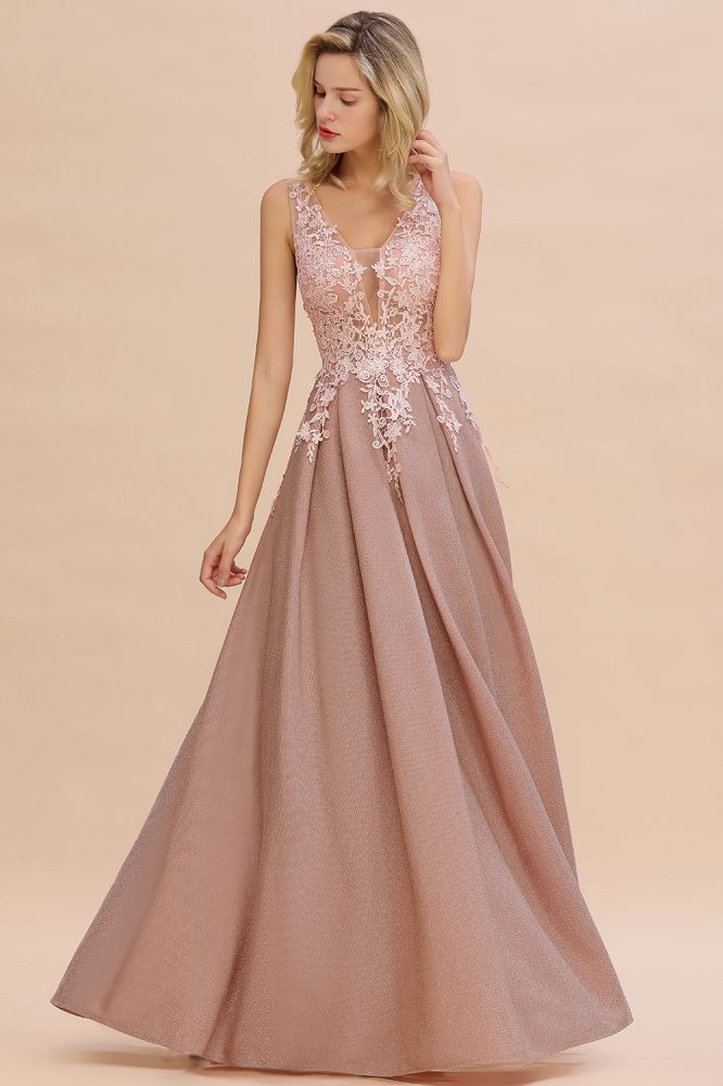 Rebacca | A-Line V-neck Floor-Length Tulle Sequined Prom Dresses