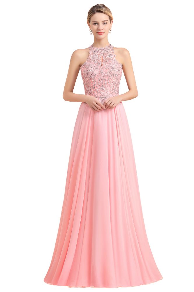Modest Pink Pears Beaded A-line Halter Bridesmaid Dresses