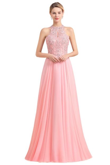 Modest Pink Pears Beaded A-line Halter Bridesmaid Dresses