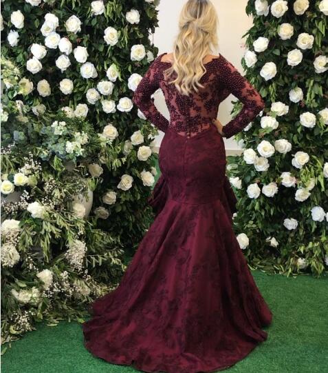 Elegant Long Sleeve Burgundy Evening Dress Mermaid Lace Appliques BMT