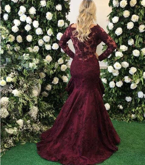 Elegant Long Sleeve Burgundy Evening Dress Mermaid Lace Appliques BMT