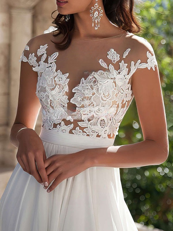 Cap sleeves High Split V-neck Lace Chiffon Wedding Dress