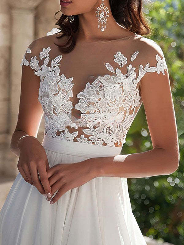 Cap sleeves High Split V-neck Lace Chiffon Wedding Dress