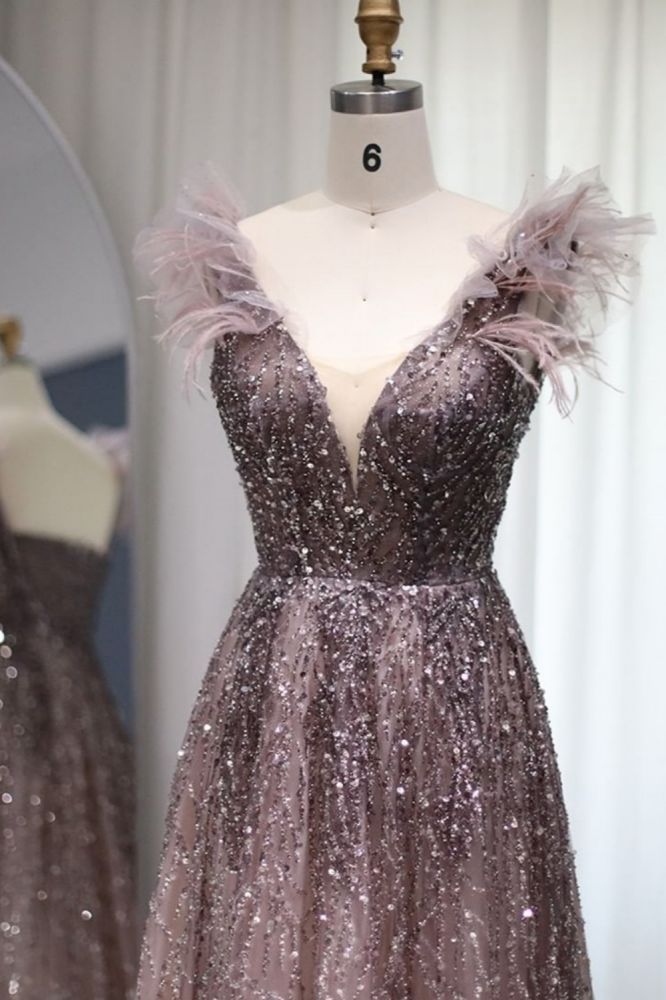 Luxury Glitter Sequins Aline Evening Party Dress V-Neck Fur Floor-Length Formal Dresses