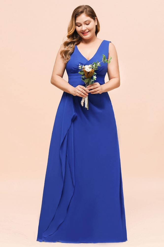Plus Size V-Neck Ocean Blue V-Neck Aline Evening Dress for Women Long Bridesmaid Dress