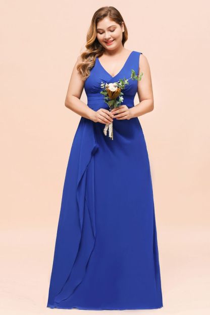 Plus Size V-Neck Ocean Blue V-Neck Aline Evening Dress for Women Long Bridesmaid Dress