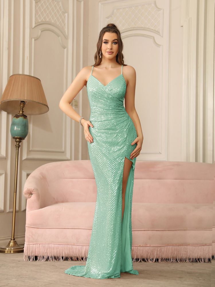 Sexy Ruched Sequins Mermaid Prom Dress Sleeveless V-Neck Party Dress with Side Split