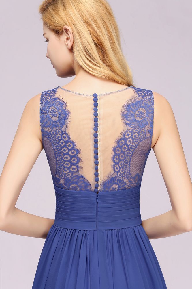Chiffon Lace Jewel Sleeveless Long Train Ruffles Short Bridesmaid Dress