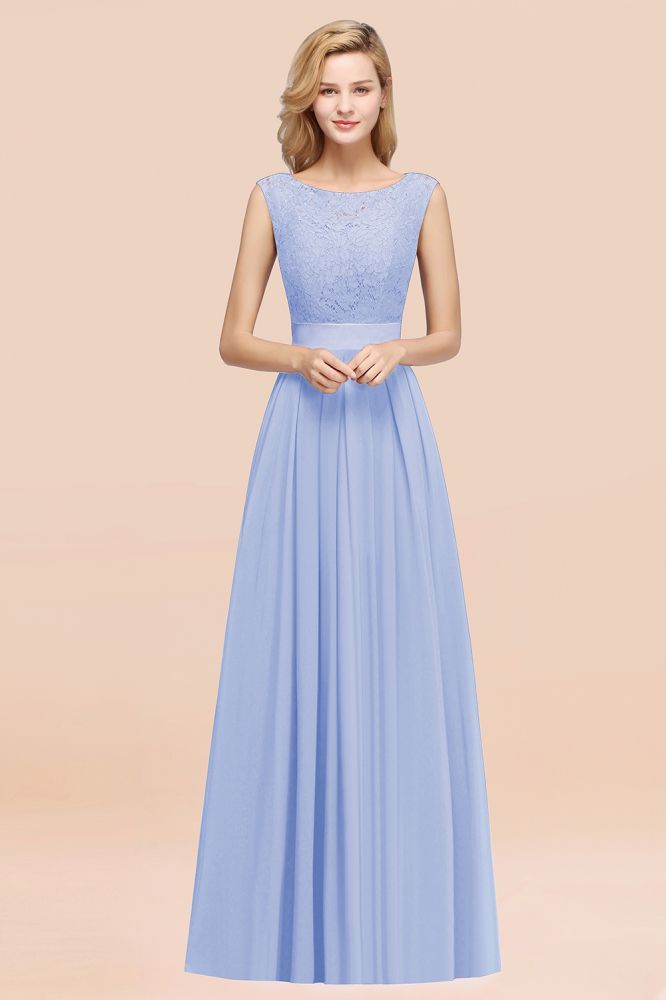 A-line Chiffon Lace Jewel Sleeveless Ruffles Floor-length Bridesmaid Dress