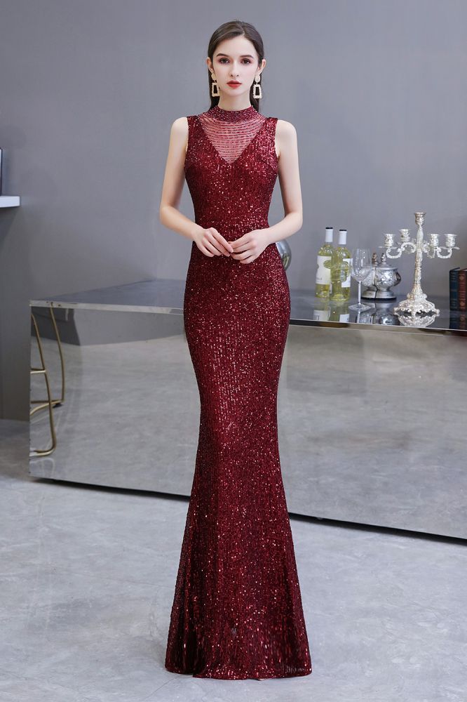 Elegant Illusion neck Burgundy Sleeveless Mermaid Prom Dress