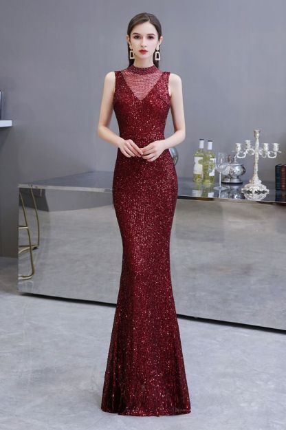 Elegant Illusion neck Burgundy Sleeveless Mermaid Prom Dress