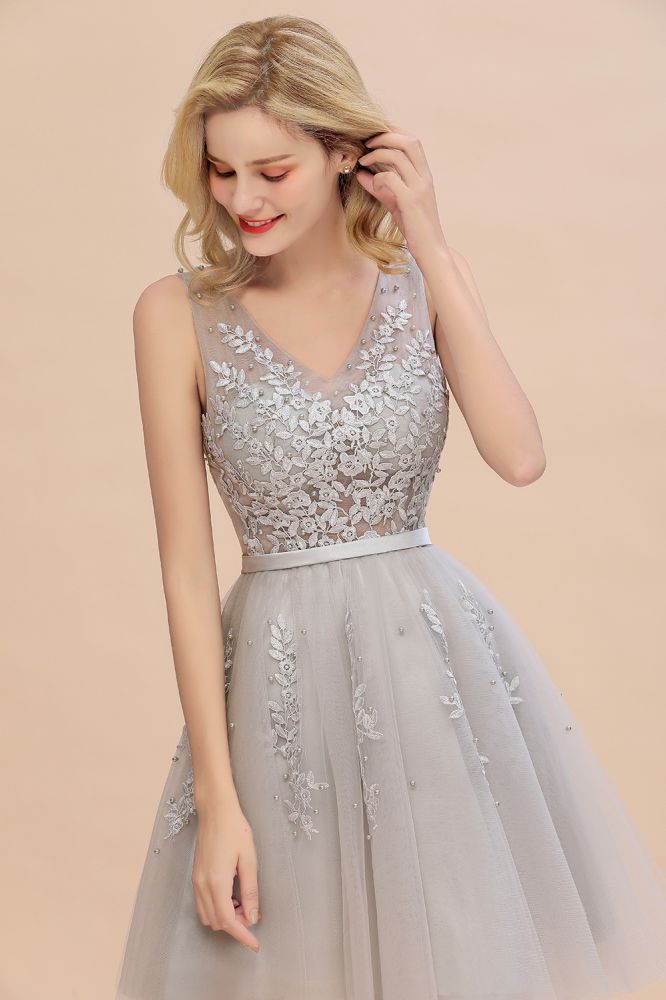 Sexy V-neck Lace-up Short Homecoming Dresses with Lace Appliques | Burgundy, Navy, Dusty pink Back to school Dress-Babyonlinewholesale