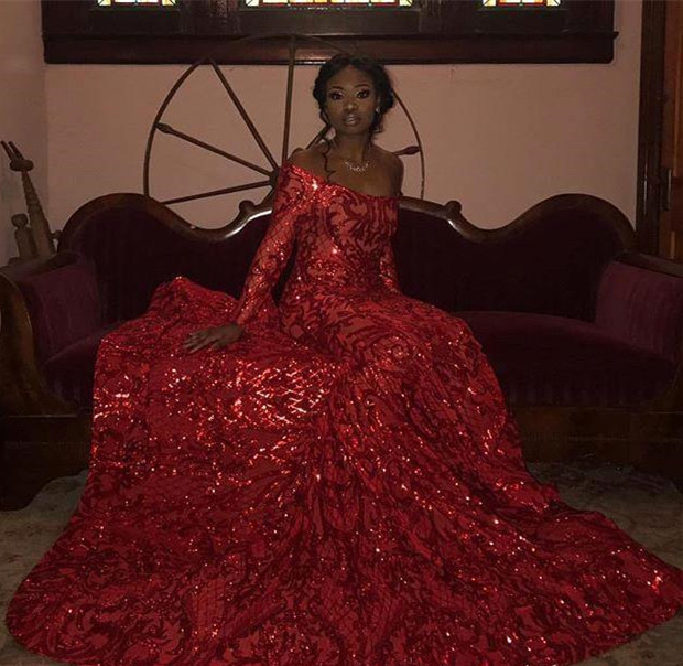 Sparkly Mermaid Off The Shoulder Long Sleeves Prom Dresses | Sequins Party Gowns