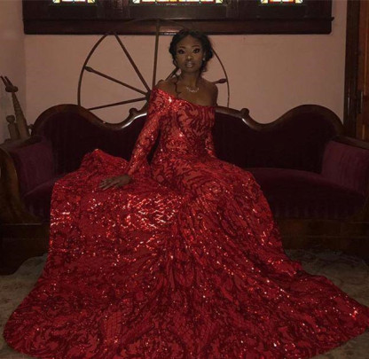 Sparkly Mermaid Off The Shoulder Long Sleeves Prom Dresses | Sequins Party Gowns