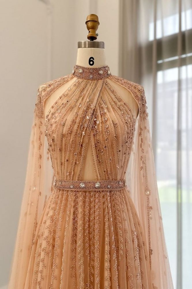 Halter Tulle Beadings Floor-Length Evening Dress with Cap Sleeves Tulle Party Dress