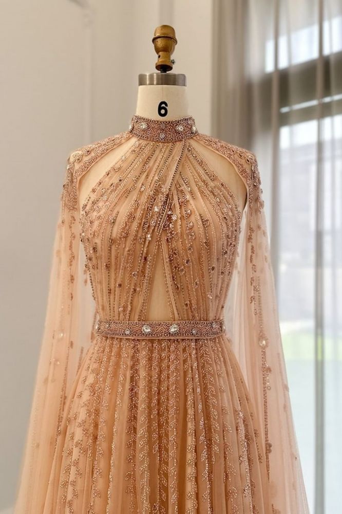 Halter Tulle Beadings Floor-Length Evening Dress with Cap Sleeves Tulle Party Dress