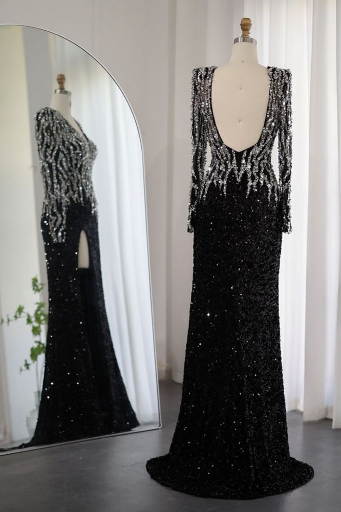 Luxury Sparkly Sequins Front Slit Mermaid Evening Gown with Sleeves V-Neck Long Party Gown for Wedding-Babyonlinewholesale