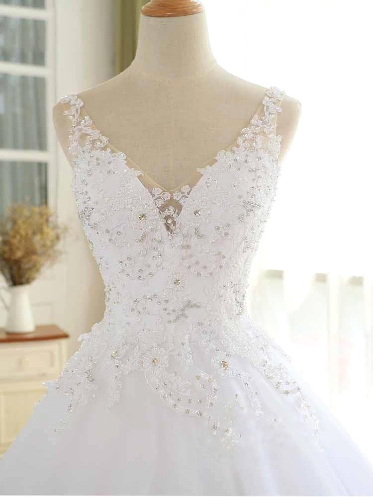 Luxury Lace Beaded Wedding Dresses 2021 V Neck Straps Long Ball Gown Wedding Party Bridal Dress
