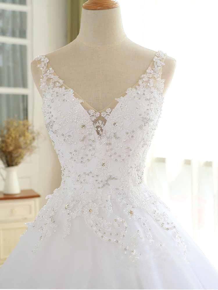 Luxury Lace Beaded Wedding Dresses 2021 V Neck Straps Long Ball Gown Wedding Party Bridal Dress