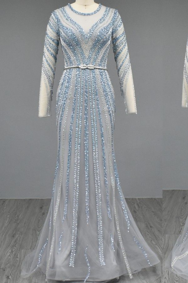 Long sleeves Illusion neck beaded sequin Evening Dress
