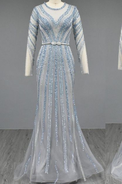 Long sleeves Illusion neck beaded sequin Evening Dress
