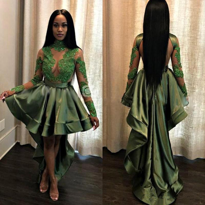 Sexy See Through Lace Long Sleeve Prom Dress | Hi-lo Dark Green Evening Dress