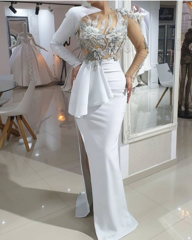 Long sleeves illusion neck white prom dress with high split