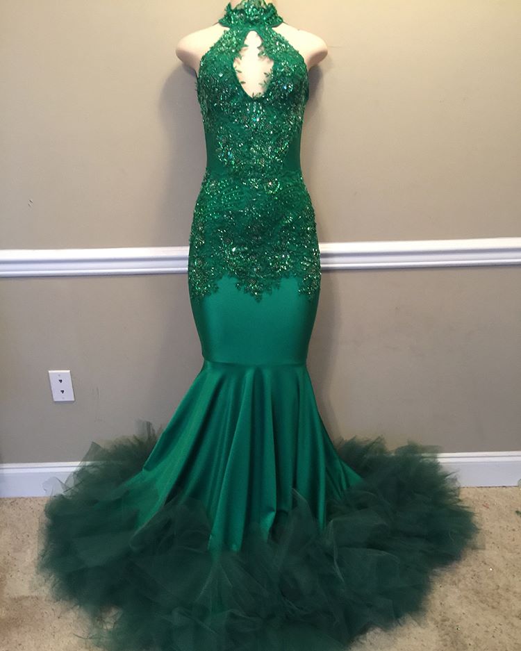 Elegant Beads Appliques Halter Prom Dresses | Fit and Flare Sleeveless Tulle Evening Gowns