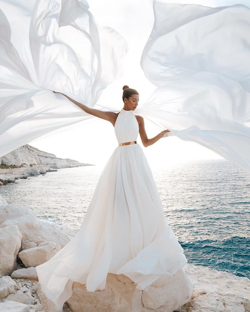 Halter White Chiffon Beach Wedding Dress Long Simple Bridal Dress with Split
