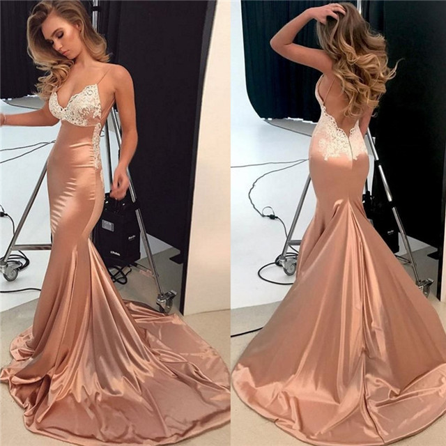 Sparkly Lace Appliques Mermaid Evening Dresses | Spaghetti Straps Sexy Long Prom Dresses