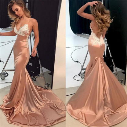 Sparkly Lace Appliques Mermaid Evening Dresses | Spaghetti Straps Sexy Long Prom Dresses