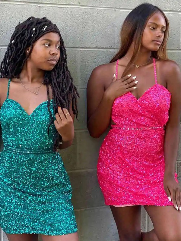 V-neck Sleeveless Sequined Short Homecoming Dresses