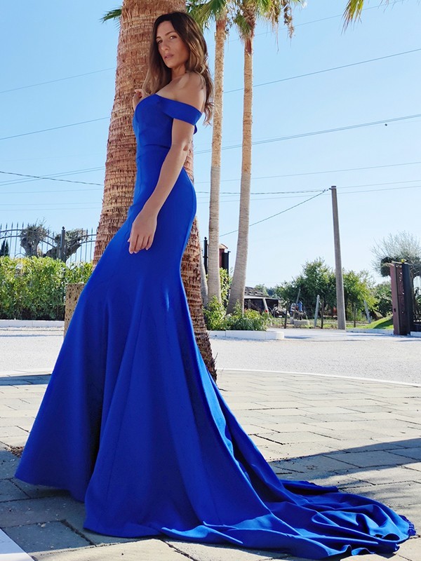 Off the shoulder royal blue mermaid bridesmaid dress
