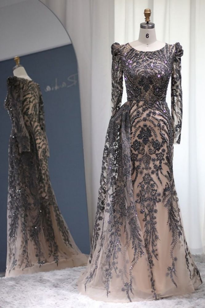 Luxury Scoop Puffy Sleeves Mermaid Evening Gown Sparkly Beading Floral Appliques Formal Dress with Sweep Train-Babyonlinewholesale