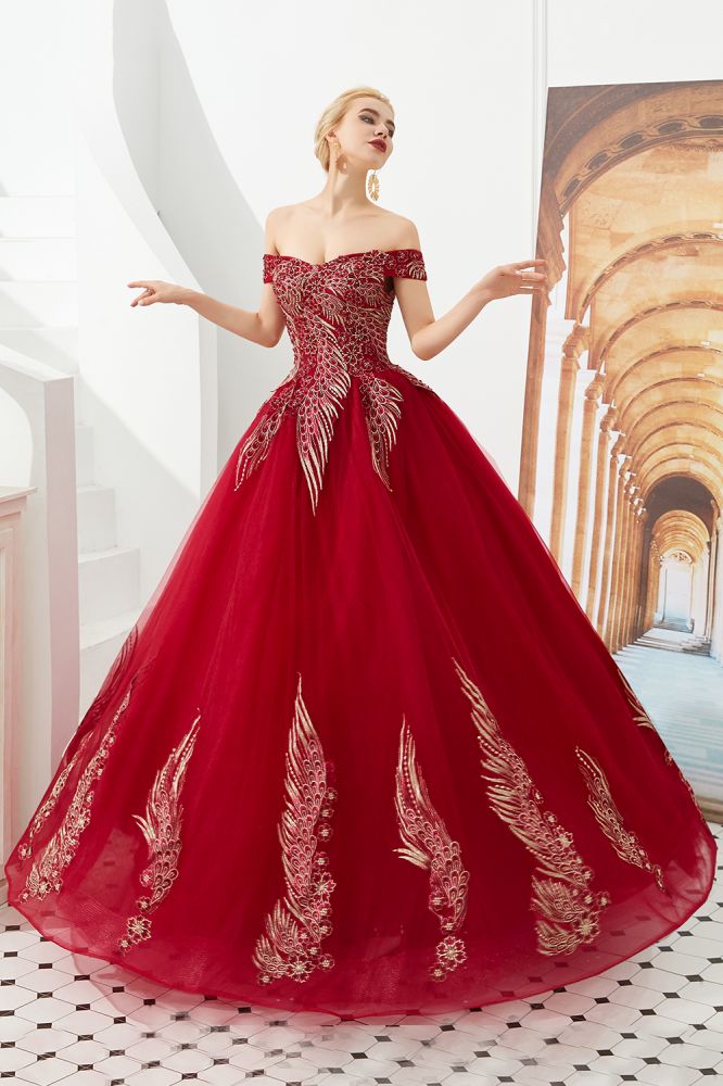Henry | Elegant Off-the-shoulder Princess Red/Mint Prom Dress with Wing Emboirdery