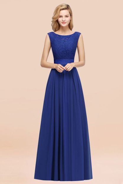 A-line Chiffon Lace Jewel Sleeveless Ruffles Floor-length Bridesmaid Dress
