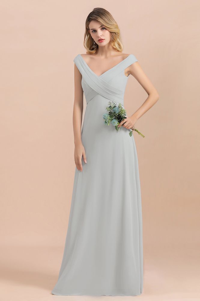 Off Shoulder V-Neck Silver Simple Wedding Dress Aling Floor Length Evening Dress