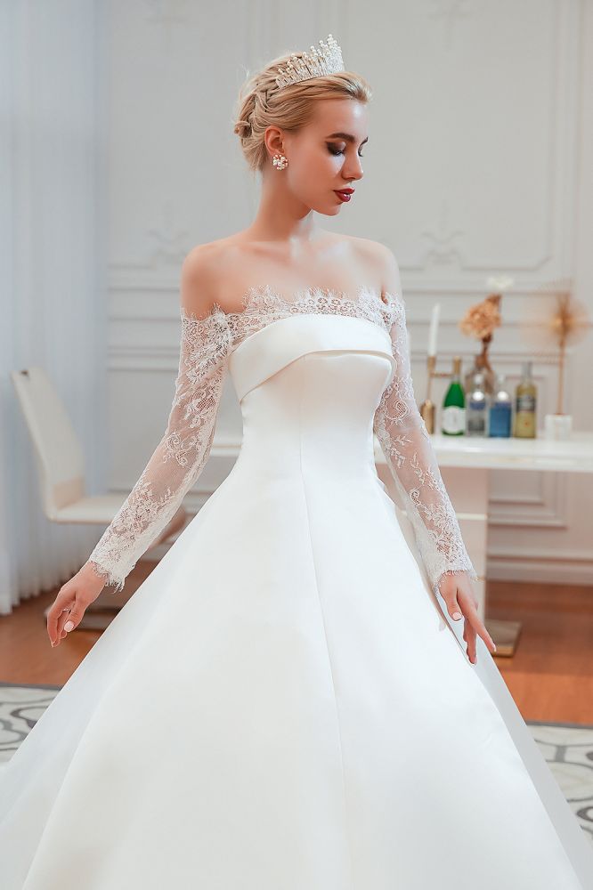Romantic Lace Long Sleeves Princess Satin Wedding Dress | Princess Bridal Gowns with Cathedral Train