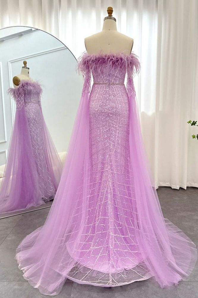 Glamorous Glitter Beading Mermaid Evening Gowns Fur Tulle Long Party Dress with Cape Sleeves