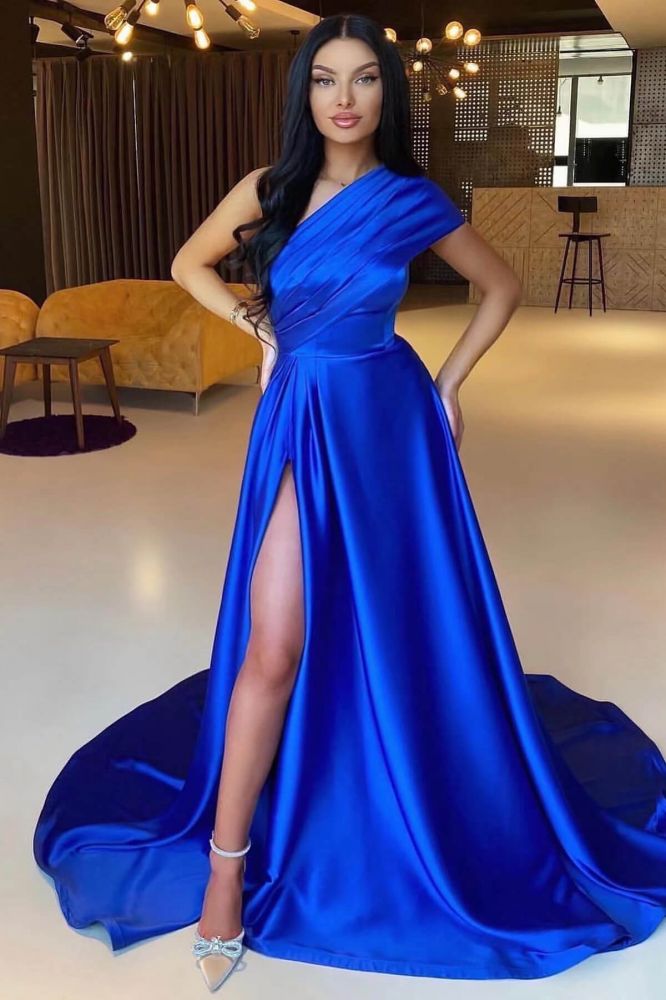 One shoulder Royal Blue A-line High Split Prom Dresses