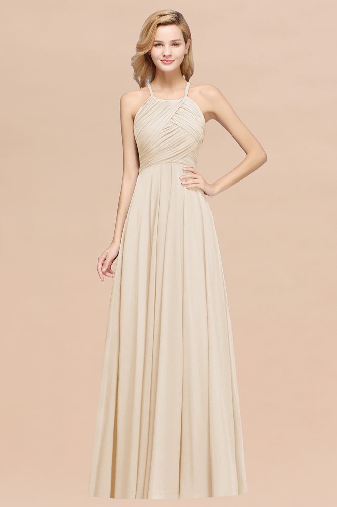 A-Line Chiffon Halter Ruffles Floor-Length Bridesmaid Dress