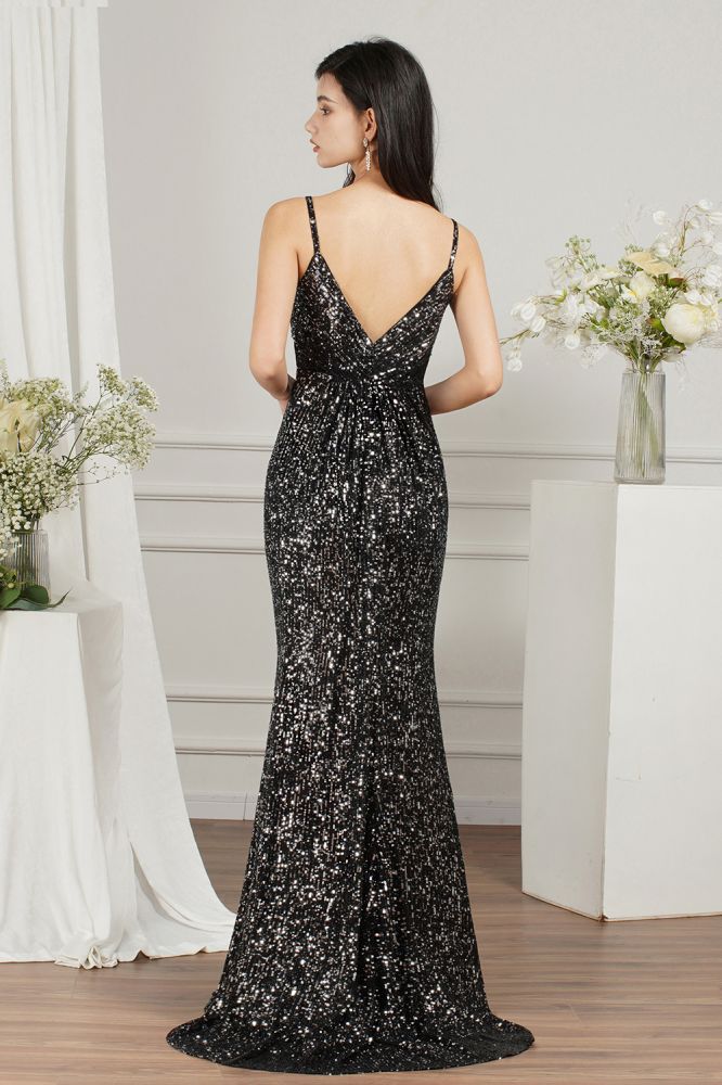 Black Sparkly Spaghetti Strap Sleeveless Long Meramid Sequins Prom Dress
