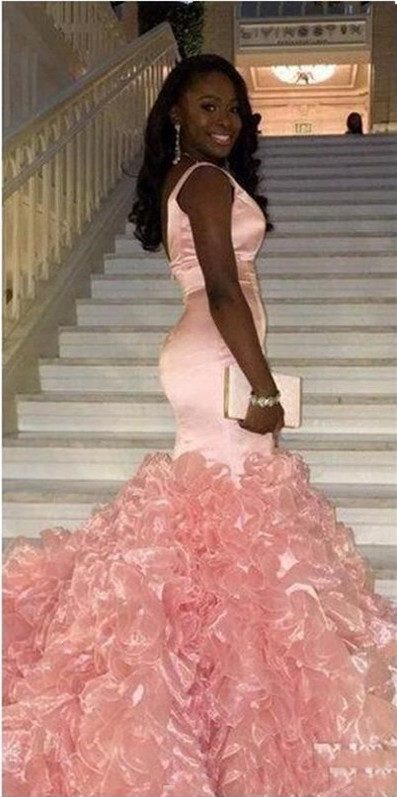 Glamorous Mermaid Ruffles Sleeveless Pink V-neck Prom Dress