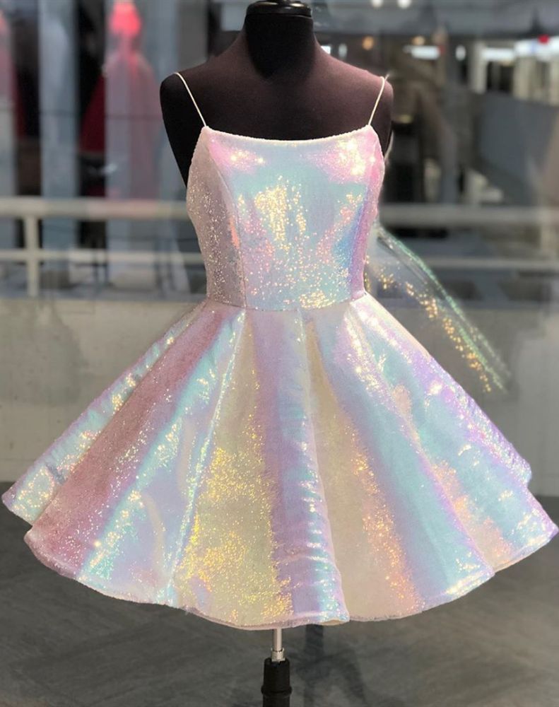 Sparkle Spaghetti Straps Sleeveless Homecoming Dress | A Line Sequins Short Mini Cocktail Dress