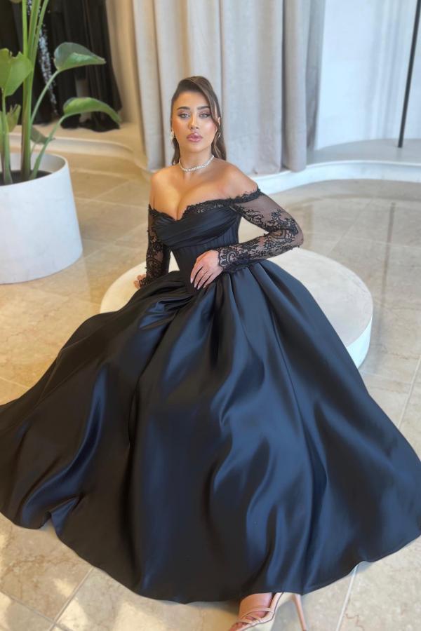 Gorgeous Black Sweetheart Long Sleeves Ankle-Length A-Line Satin Prom Dresses