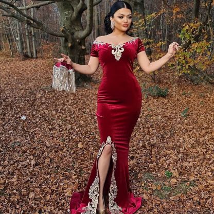 Off Shoulder Burgundy Velvet Mermaid Evening Dress with Gold Appliques Detachable Train