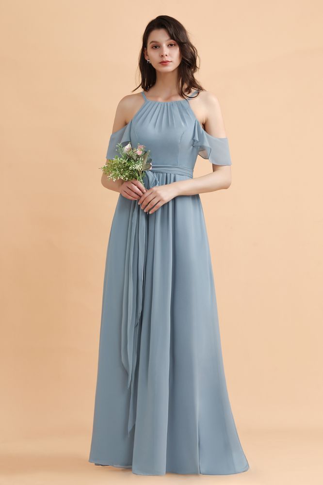 Amazing Grey Blue Soft Chiffon Bridesmaid Dress Off Shoulder